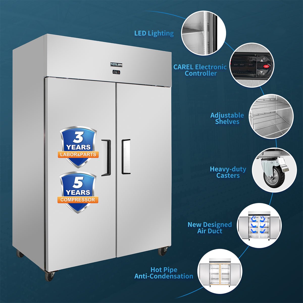 Vitlife Commercial VRT54F 54" 2 - Solid Door Reach - In Freezer, Top Mounted, 46 cu. ft. - Biocean by Danube BlueBiocean