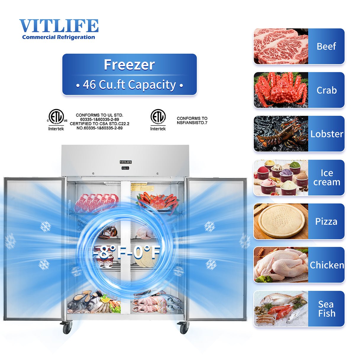 Vitlife Commercial VRT54F 54" 2 - Solid Door Reach - In Freezer, Top Mounted, 46 cu. ft. - Biocean by Danube BlueBiocean