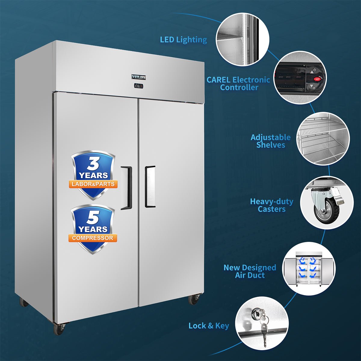 Vitlife Commercial VRT54R 54" 2 - Solid Door Reach - In Refrigerator, 46 cu. ft. Stainless Steel, Top Mounted - Biocean by Danube BlueBiocean