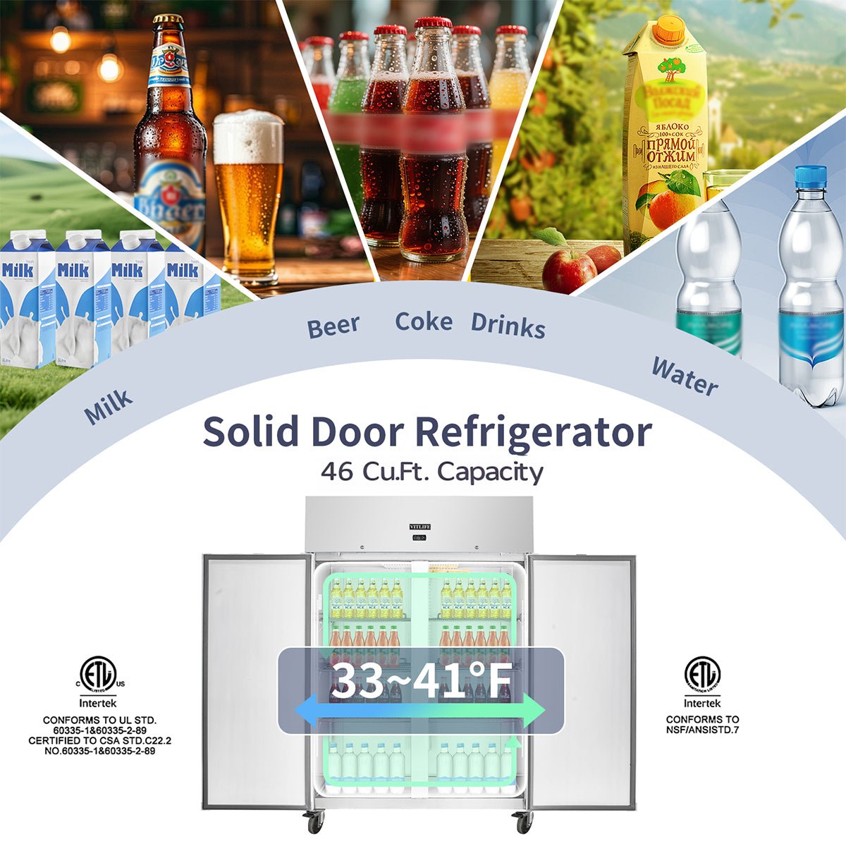 Vitlife Commercial VRT54R 54" 2 - Solid Door Reach - In Refrigerator, 46 cu. ft. Stainless Steel, Top Mounted - Biocean by Danube BlueBiocean