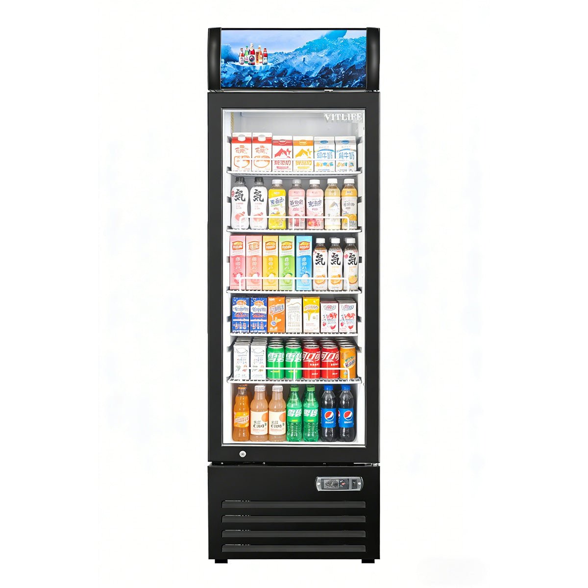 Vitlife Commercial VSC288VCW 20" 1-Glass Door Merchandiser Refrigerator w/ Canopy, 8.8 cu. ft. - Biocean by Danube BlueBiocean