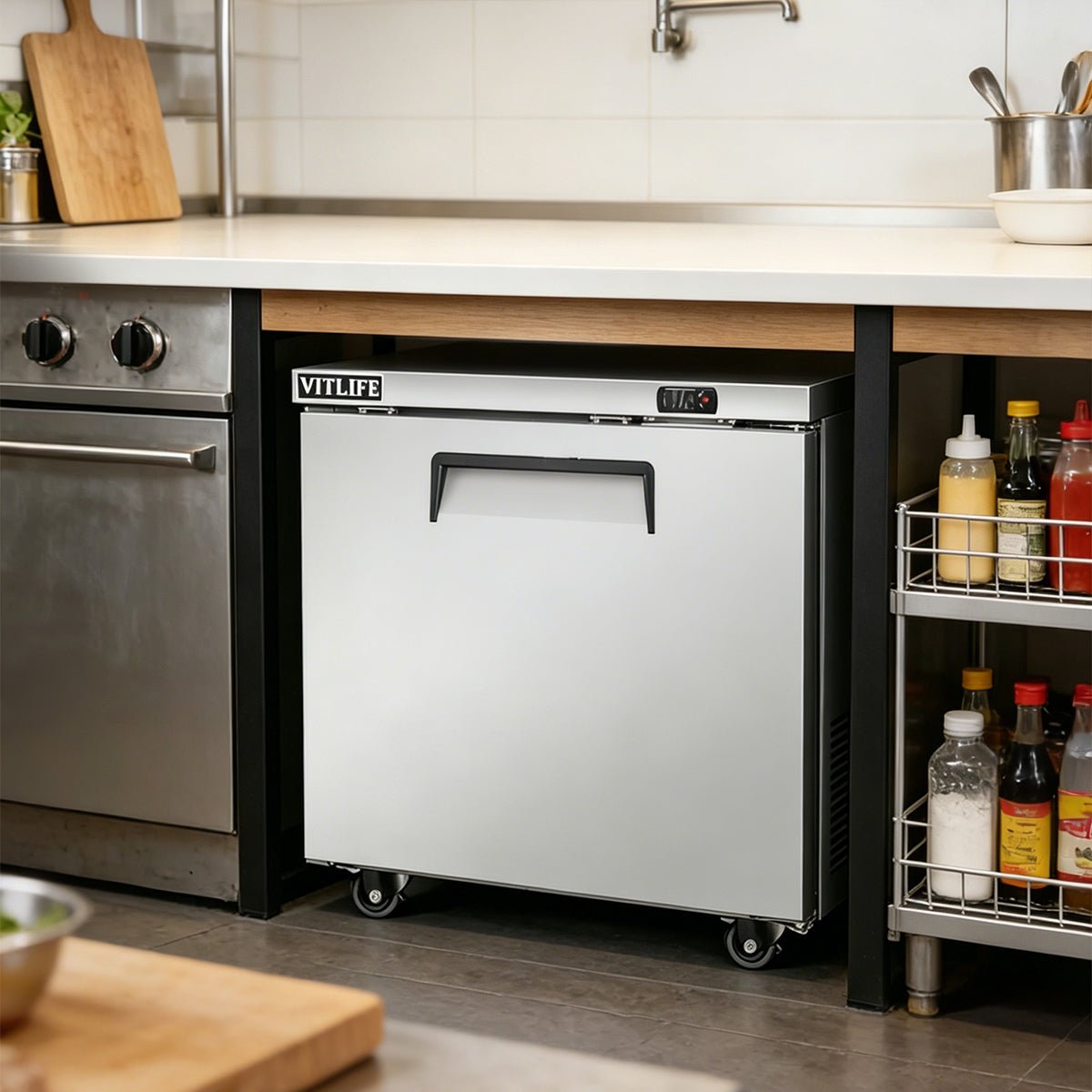 Vitlife Commercial VUC29R 29" 1-Solid Door Reach-In Undercounter Refrigerator, 6.7 cu. ft. - Biocean by Danube BlueBiocean