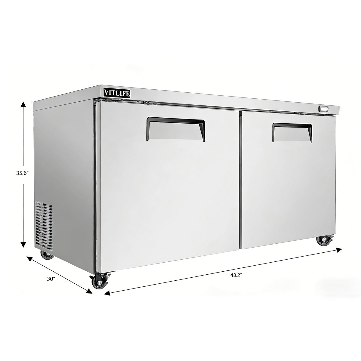 Vitlife Commercial VUC48F 48" 2-Door Reach-In Undercounter Freezer, Stainless Steel, 13.1 cu. ft. - Biocean by Danube BlueBiocean