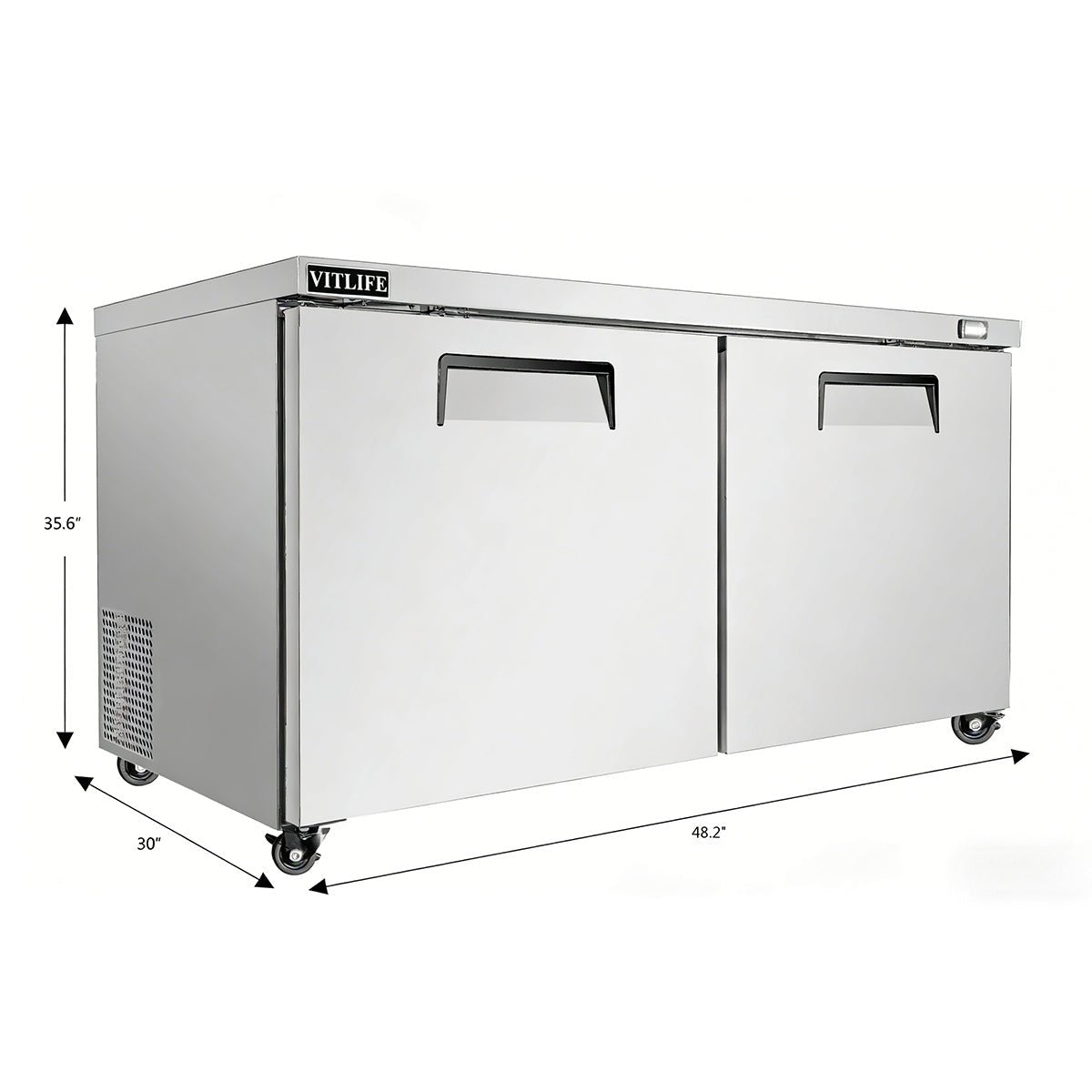 Vitlife Commercial VUC48R 48" 2-Solid Door Reach-In Undercounter Refrigerator, 11 cu. ft. - Biocean by Danube BlueBiocean