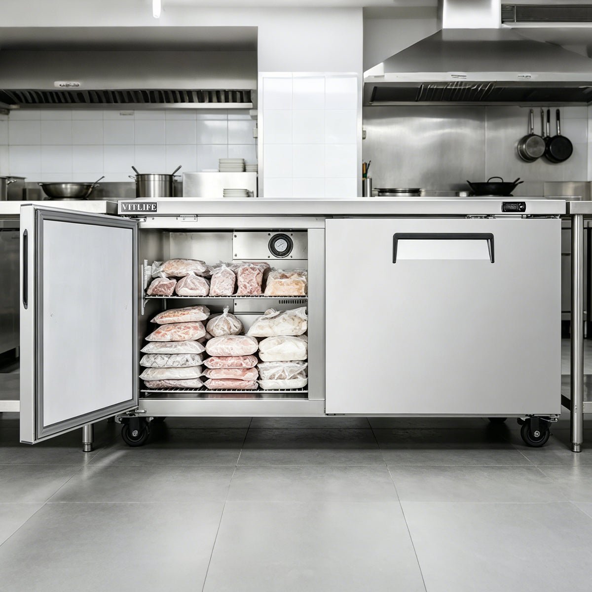 Vitlife Commercial VUC60F 60" 2-Door Reach-In Undercounter Freezer, Stainless Steel, 17 cu. ft. - Biocean by Danube BlueBiocean