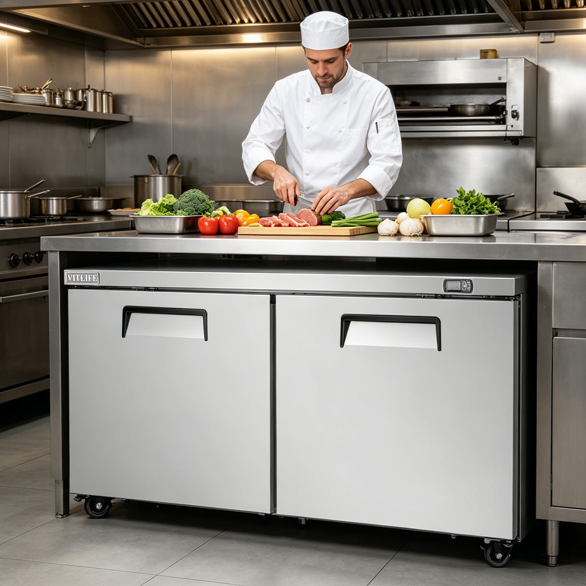 Vitlife Commercial VUC60F 60" 2-Door Reach-In Undercounter Freezer, Stainless Steel, 17 cu. ft. - Biocean by Danube BlueBiocean