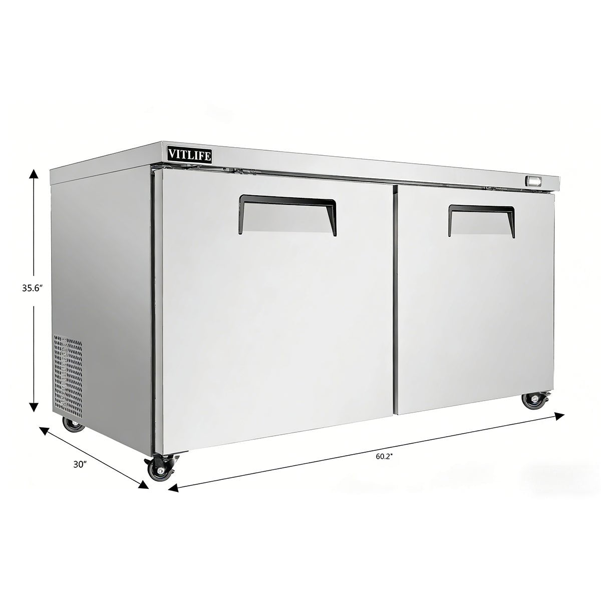 Vitlife Commercial VUC60R 60" 2-Solid Door Reach-In Undercounter Refrigerator, 14 cu. ft. - Biocean by Danube BlueBiocean