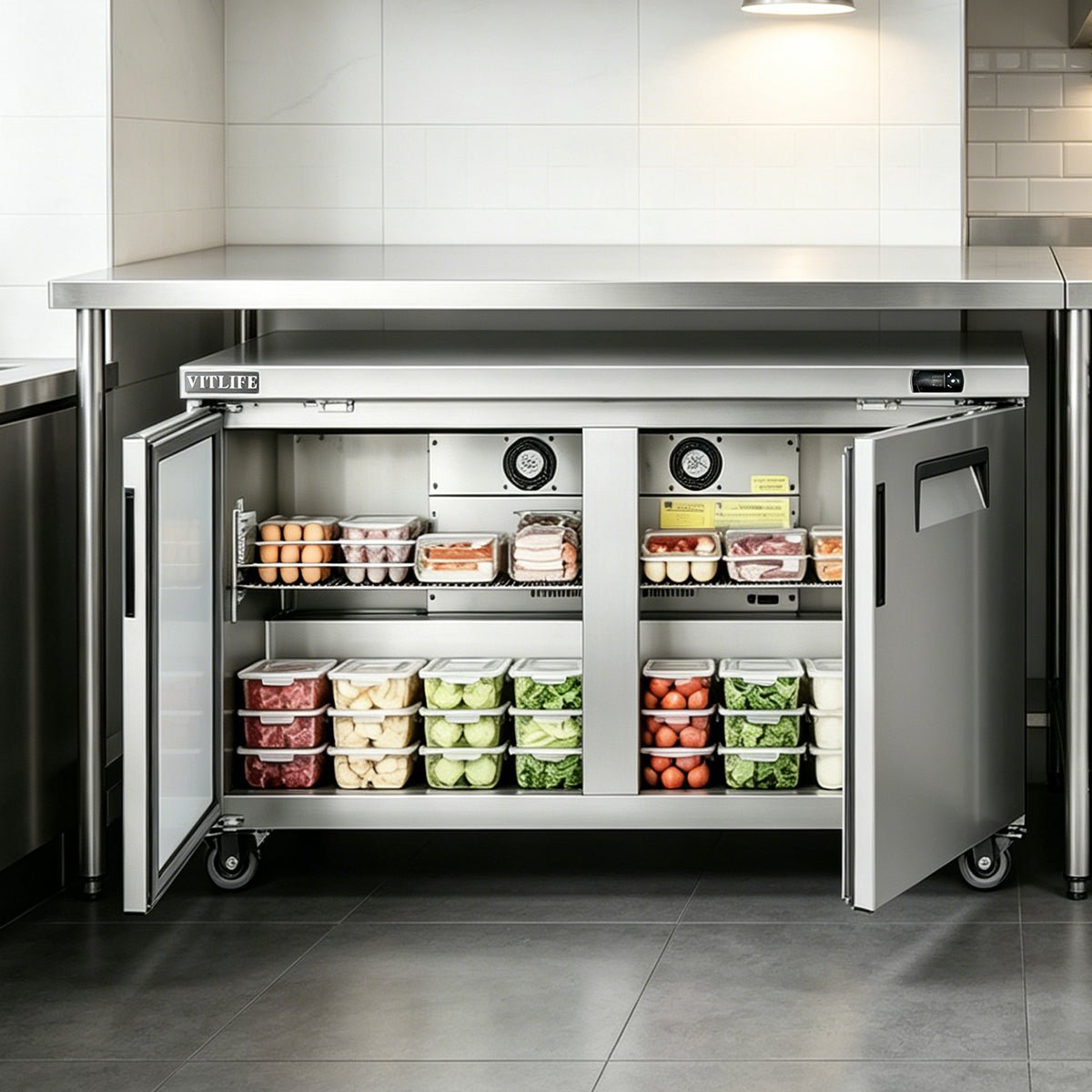 Vitlife Commercial VUC60R 60" 2-Solid Door Reach-In Undercounter Refrigerator, 14 cu. ft. - Biocean by Danube BlueBiocean