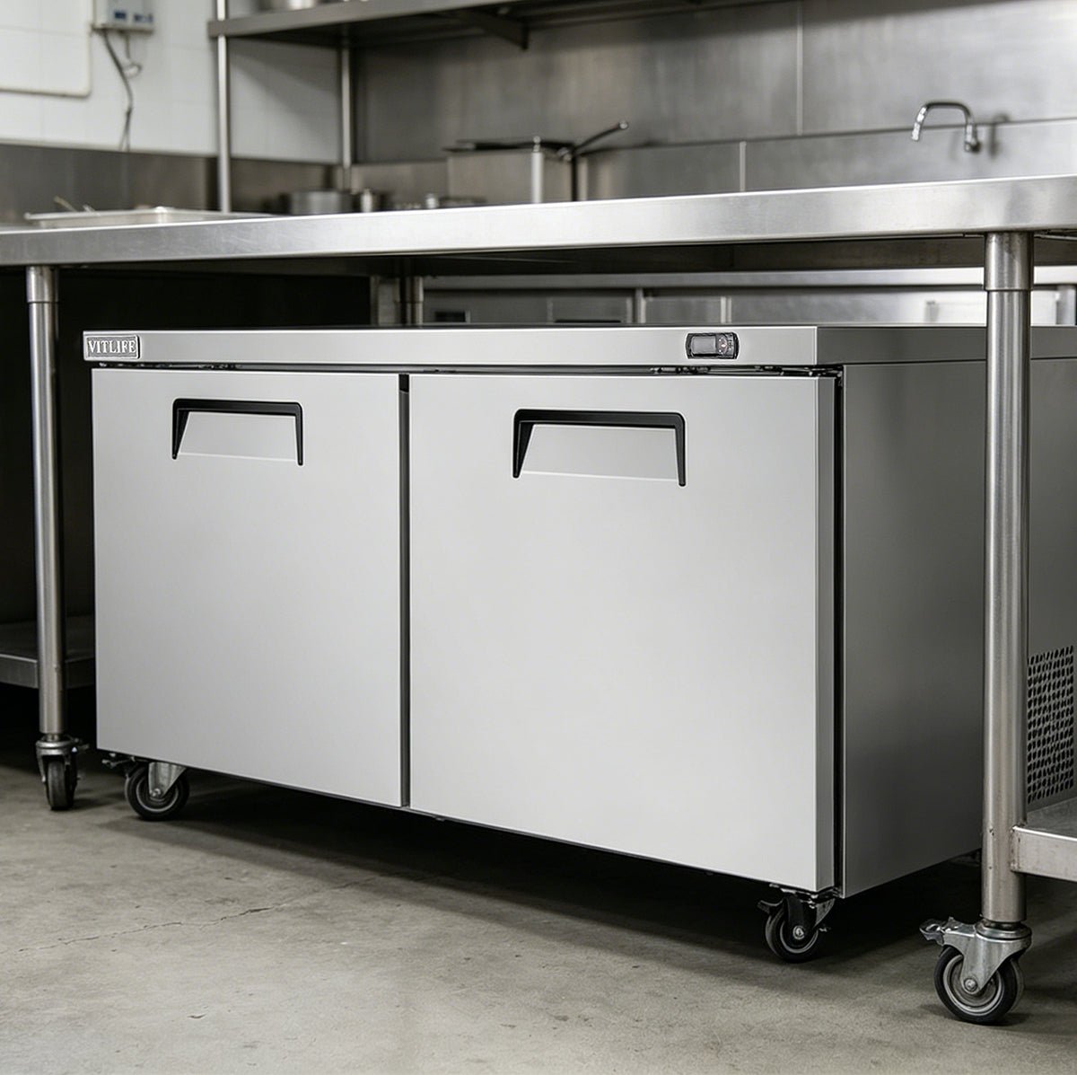 Vitlife Commercial VUC60R 60" 2-Solid Door Reach-In Undercounter Refrigerator, 14 cu. ft. - Biocean by Danube BlueBiocean