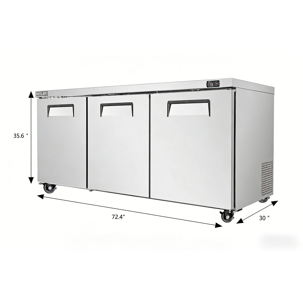 Vitlife Commercial VUC72R 72" 3-Solid Door Reach-In Undercounter Refrigerator, 16.6 cu. ft. - Biocean by Danube BlueBiocean